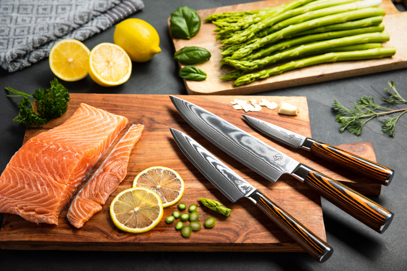 Wolfblood Zeuß Santoku Damastmesser Küchenmesser LH Lifestyle Kochmesser Damastmesser Set